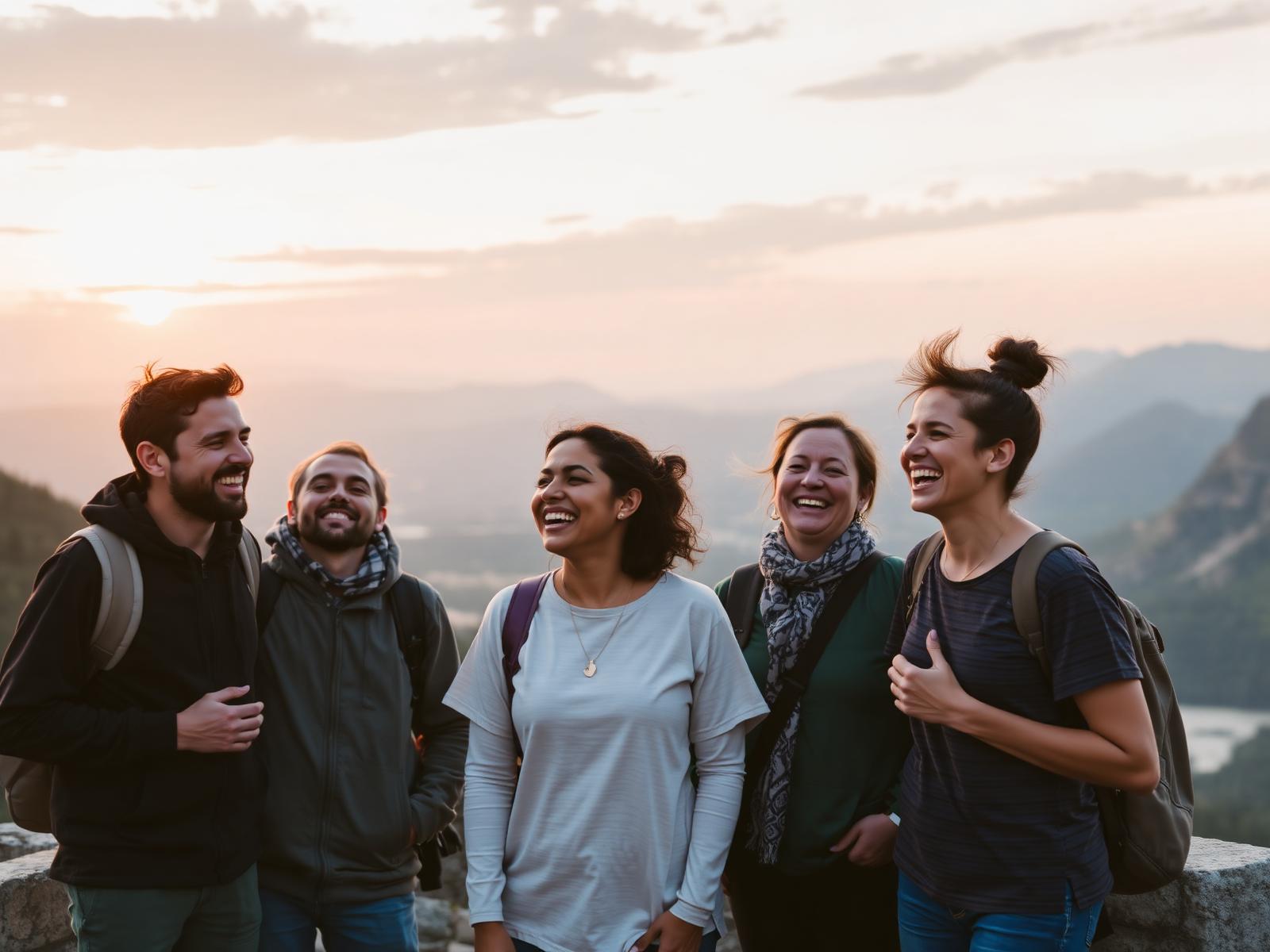 Travelers laughing together
